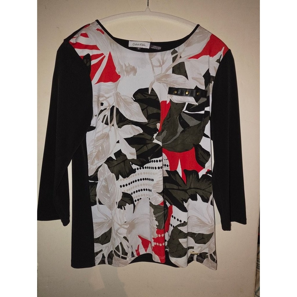Calvin Klein Womens Floral Print 3/4 Sleeve Top Black Red White Small